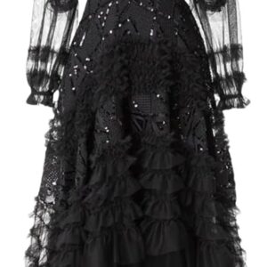 Zadaos Women's Party Dress Sequin Spliced Mesh Ruffle Long Sleeved Large Swing Evening Dresses