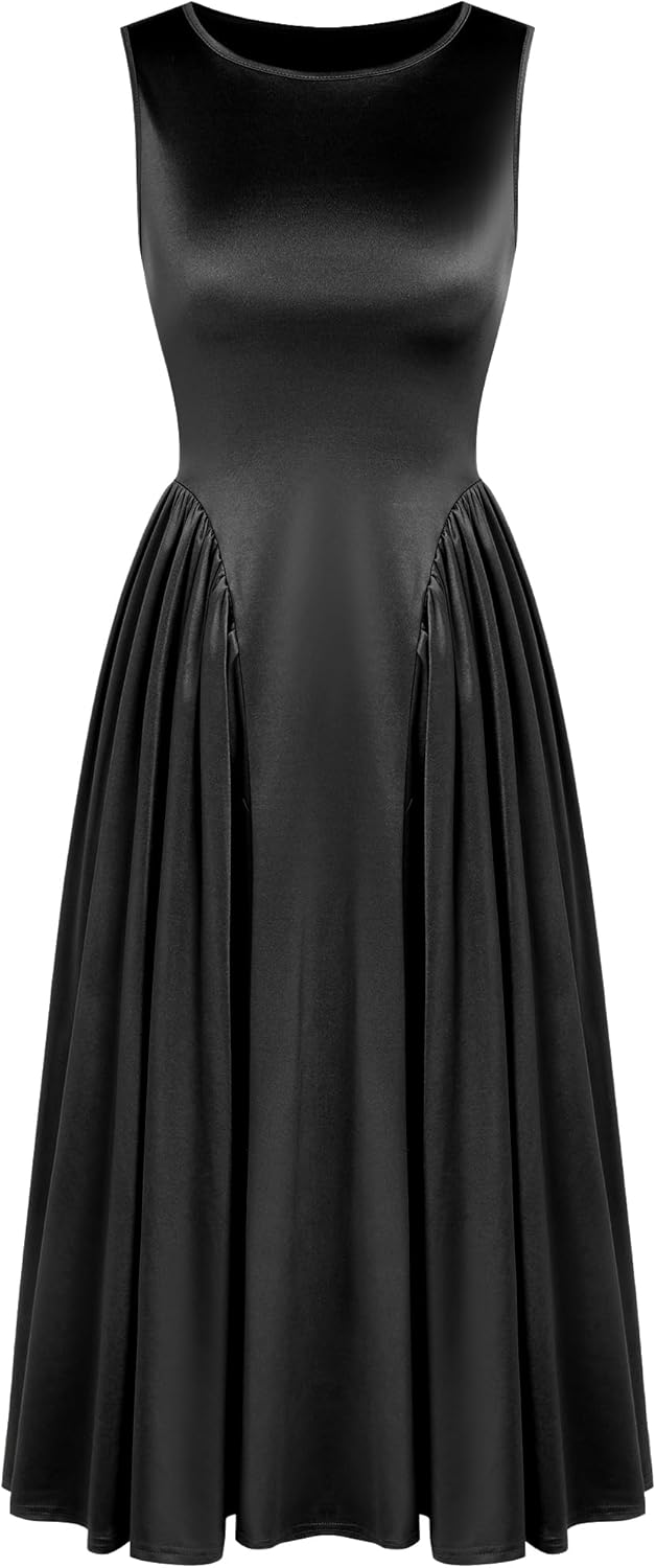 ZAFUL Satin Formal Dress for Women Sleeveless A Line Flowy Wedding Guest Dress Boat Neck Prom Cocktail Party Midi Dresses - Image 13