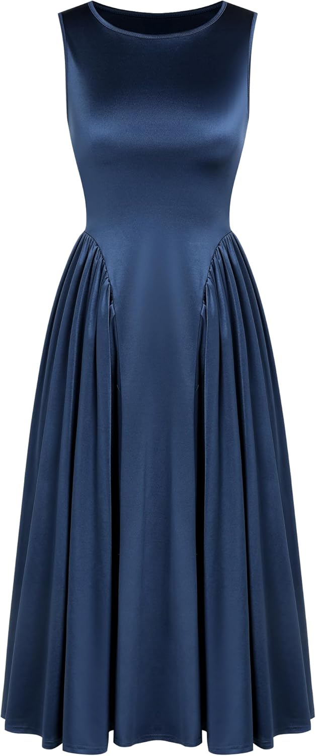 ZAFUL Satin Formal Dress for Women Sleeveless A Line Flowy Wedding Guest Dress Boat Neck Prom Cocktail Party Midi Dresses