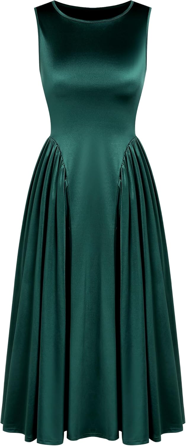 ZAFUL Satin Formal Dress for Women Sleeveless A Line Flowy Wedding Guest Dress Boat Neck Prom Cocktail Party Midi Dresses - Image 11