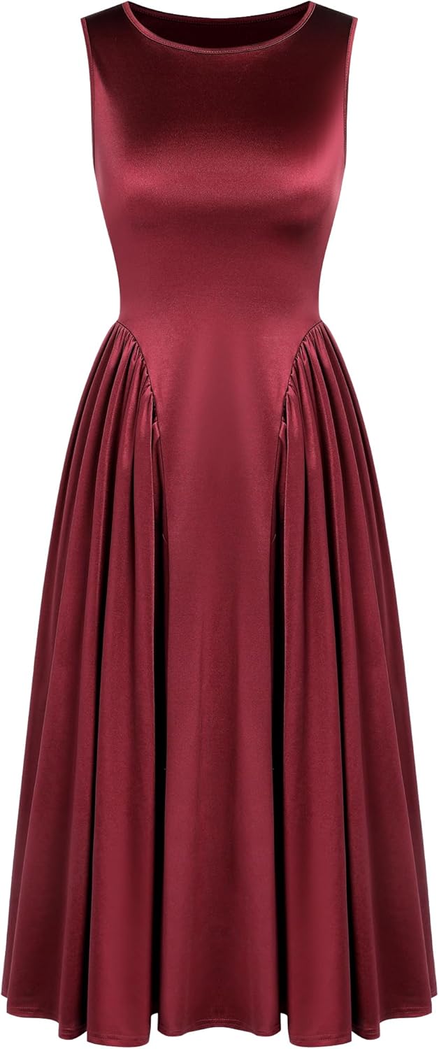 ZAFUL Satin Formal Dress for Women Sleeveless A Line Flowy Wedding Guest Dress Boat Neck Prom Cocktail Party Midi Dresses - Image 10