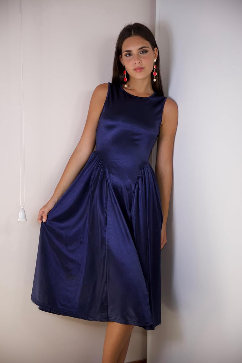 ZAFUL Satin Formal Dress for Women Sleeveless A Line Flowy Wedding Guest Dress Boat Neck Prom Cocktail Party Midi Dresses - Image 9