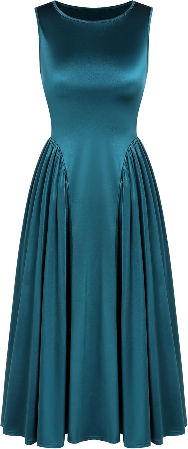 ZAFUL Satin Formal Dress for Women Sleeveless A Line Flowy Wedding Guest Dress Boat Neck Prom Cocktail Party Midi Dresses - Image 12