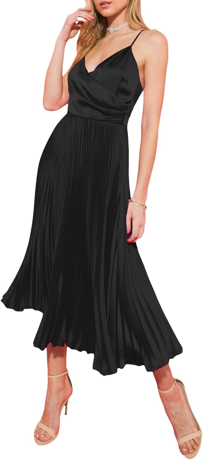ZAFUL Womens Satin Sexy Backless Wrap V Neck Sleeveless Spaghetti Strap Pleated Flowy Party Midi Dress - Image 10