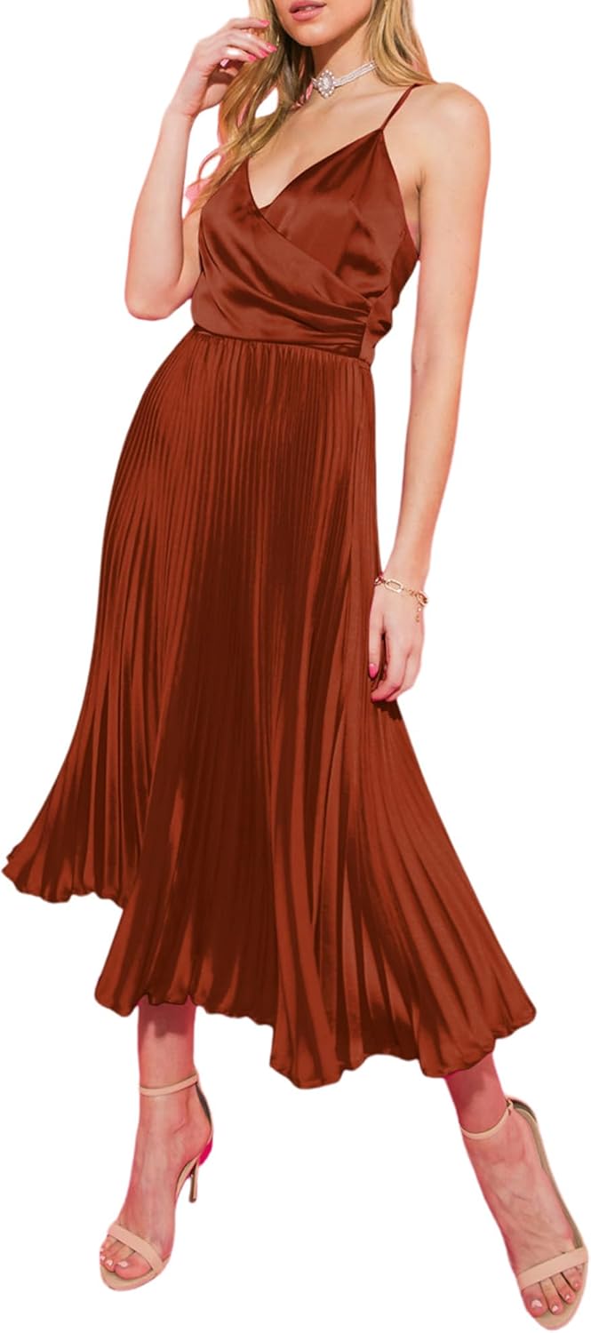 ZAFUL Womens Satin Sexy Backless Wrap V Neck Sleeveless Spaghetti Strap Pleated Flowy Party Midi Dress - Image 12