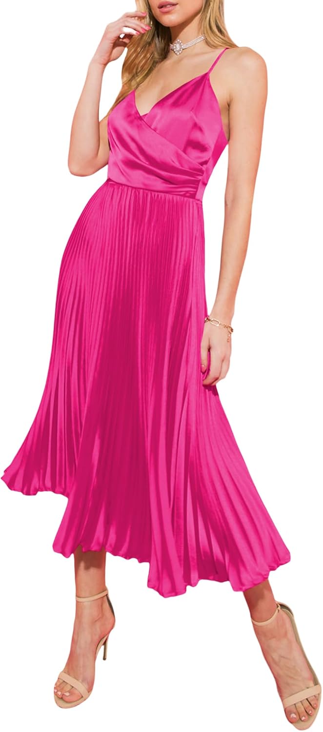 ZAFUL Womens Satin Sexy Backless Wrap V Neck Sleeveless Spaghetti Strap Pleated Flowy Party Midi Dress - Image 14