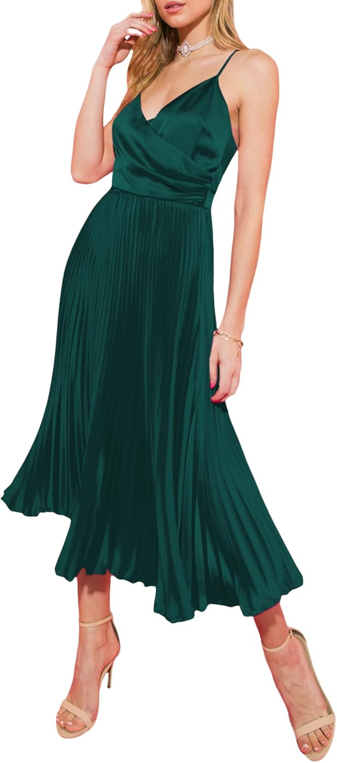 ZAFUL Womens Satin Sexy Backless Wrap V Neck Sleeveless Spaghetti Strap Pleated Flowy Party Midi Dress - Image 16