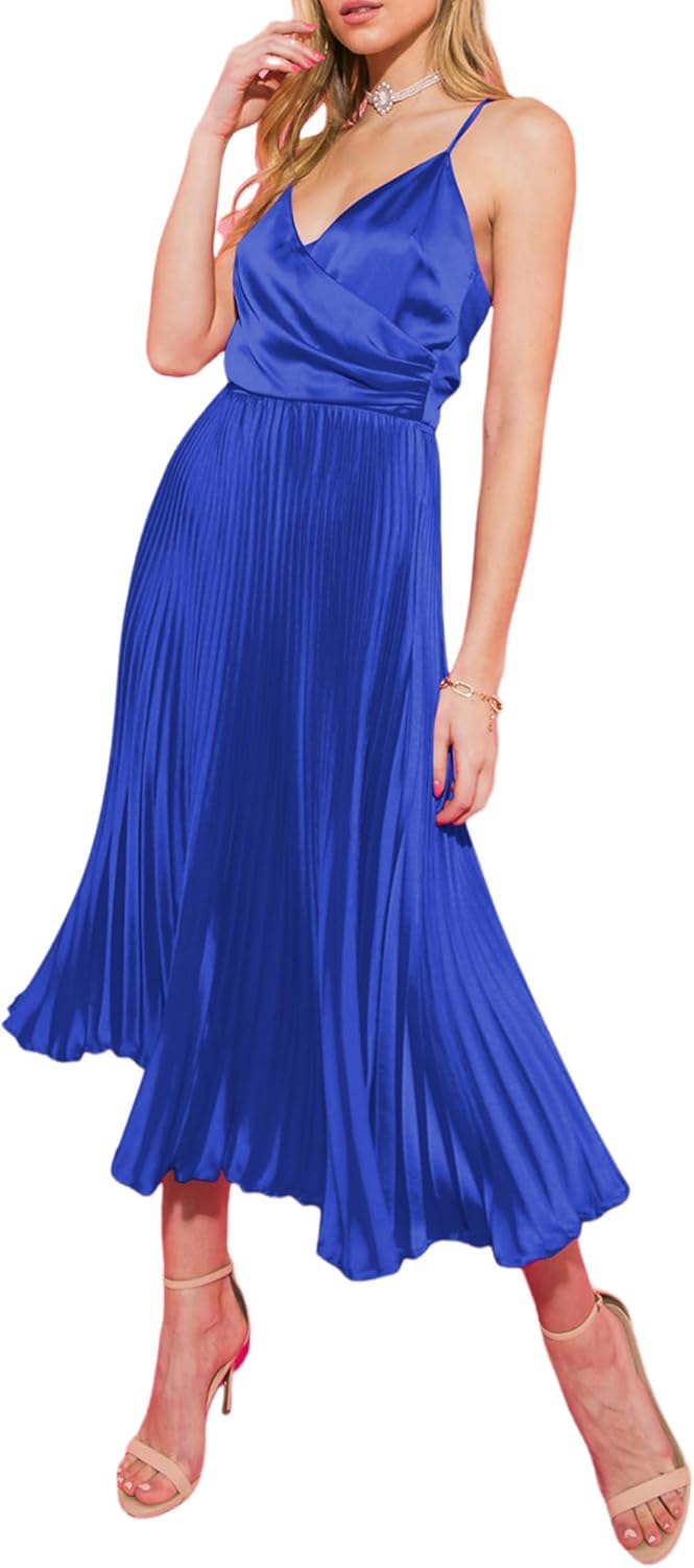 ZAFUL Womens Satin Sexy Backless Wrap V Neck Sleeveless Spaghetti Strap Pleated Flowy Party Midi Dress - Image 13