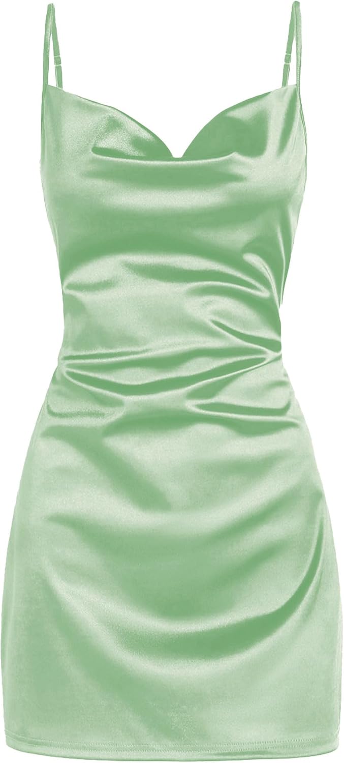 ZAFUL Women's Satin Sleeveless Spaghetti Strap Mini Dress Sexy Slip Cowl Neck Silky Cocktail Party Dresses - Image 19