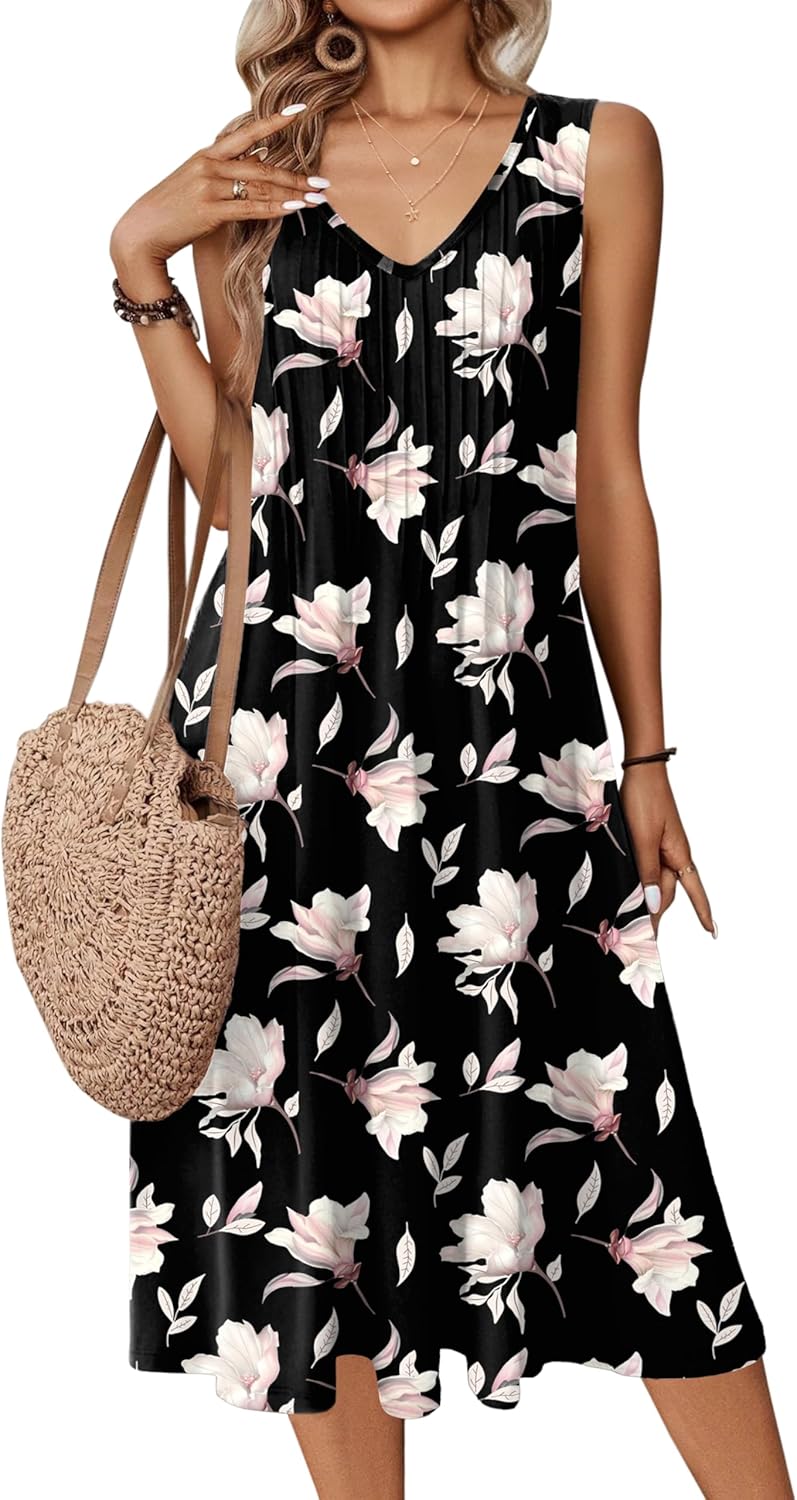 Zeagoo Women Summer Casual Dress 2025 Sleeveless Midi Swing Tank Sundress with Pockets V Neck A Line Pleated Tshirt Dress - Image 6