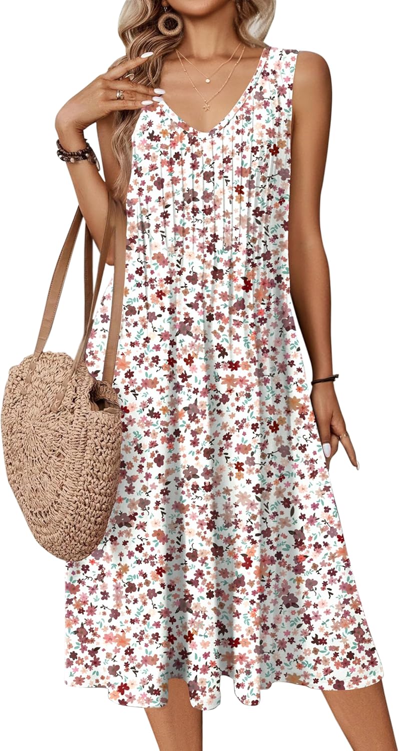 Zeagoo Women Summer Casual Dress 2025 Sleeveless Midi Swing Tank Sundress with Pockets V Neck A Line Pleated Tshirt Dress - Image 10