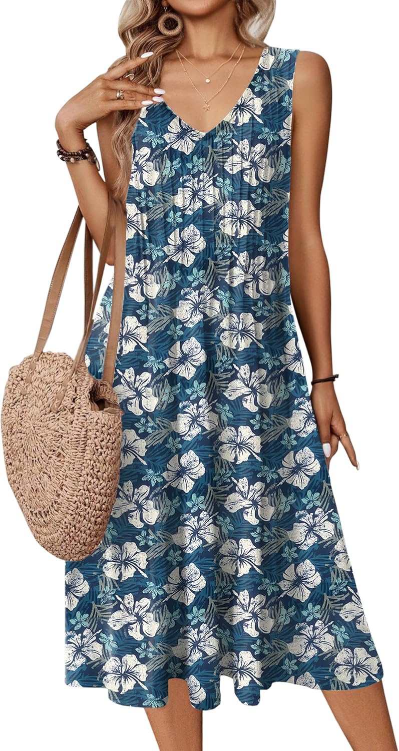 Zeagoo Women Summer Casual Dress 2025 Sleeveless Midi Swing Tank Sundress with Pockets V Neck A Line Pleated Tshirt Dress - Image 17