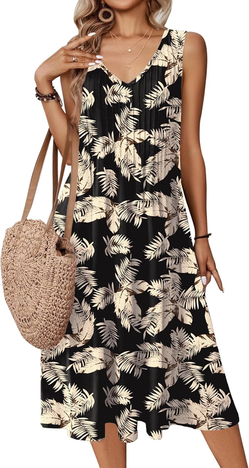 Zeagoo Women Summer Casual Dress 2025 Sleeveless Midi Swing Tank Sundress with Pockets V Neck A Line Pleated Tshirt Dress - Image 11