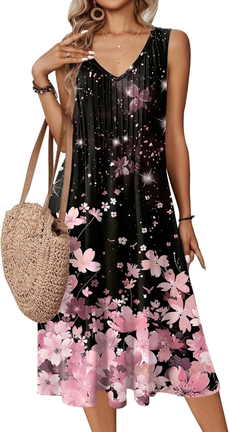 Zeagoo Women Summer Casual Dress 2025 Sleeveless Midi Swing Tank Sundress with Pockets V Neck A Line Pleated Tshirt Dress - Image 9