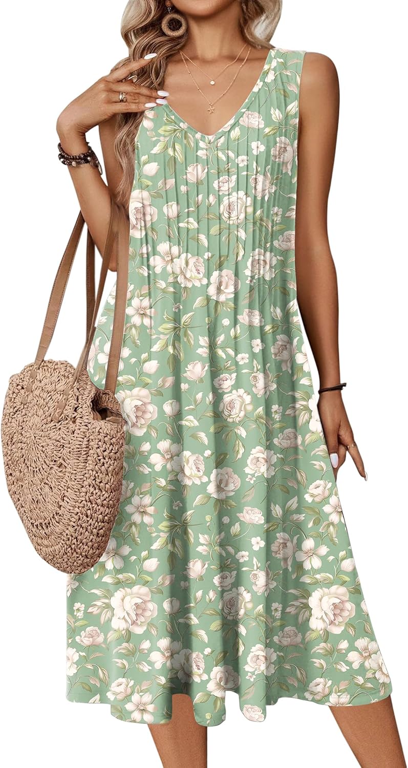 Zeagoo Women Summer Casual Dress 2025 Sleeveless Midi Swing Tank Sundress with Pockets V Neck A Line Pleated Tshirt Dress - Image 14