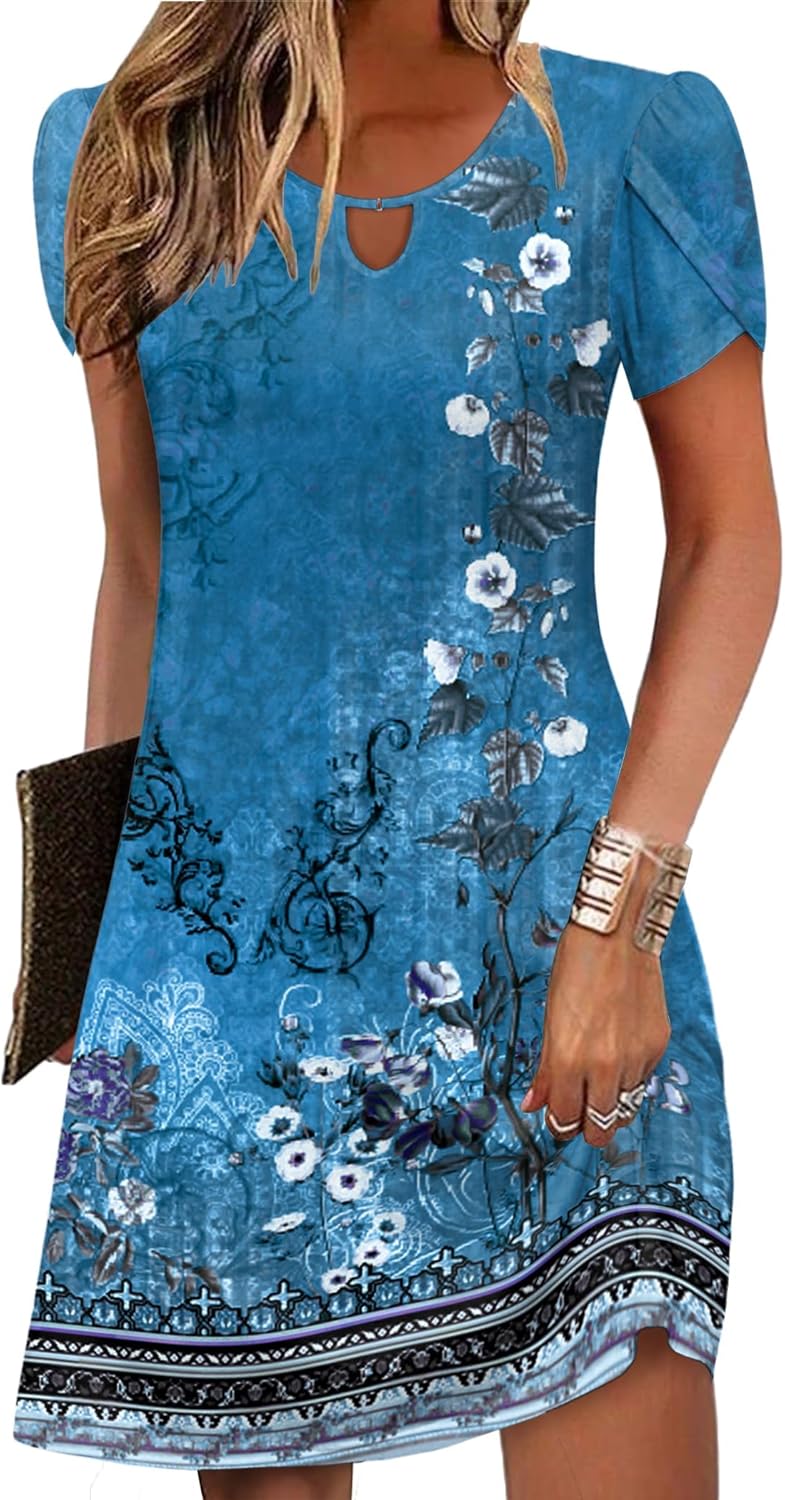 Zeagoo Women's Casual A-Line Dresses with Pockets Summer Floral Tshirt Dress Short Sleeve Mini Dress Flowy Sundresses - Image 16
