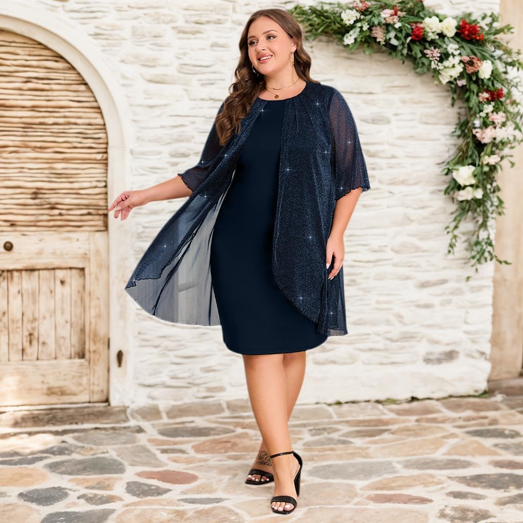 ZNU Plus Size Women Elegant Wedding Guest Mesh Dress Formal Gowns - 2025 Cocktail Party Midi Dress Half Sleeve - Image 8