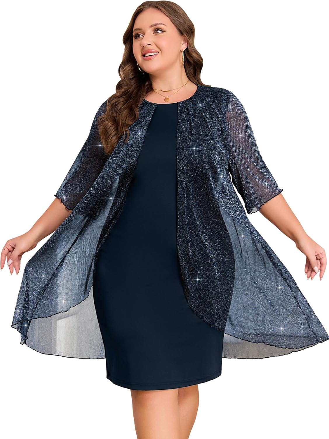 ZNU Plus Size Women Elegant Wedding Guest Mesh Dress Formal Gowns - 2025 Cocktail Party Midi Dress Half Sleeve