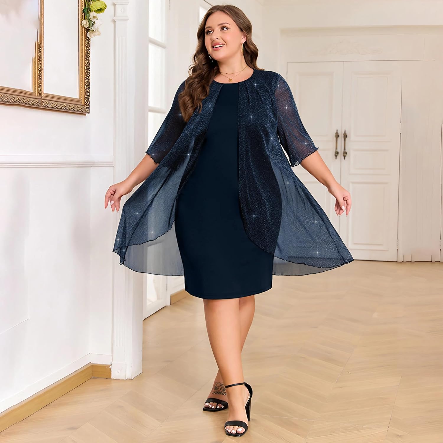 ZNU Plus Size Women Elegant Wedding Guest Mesh Dress Formal Gowns - 2025 Cocktail Party Midi Dress Half Sleeve - Image 9