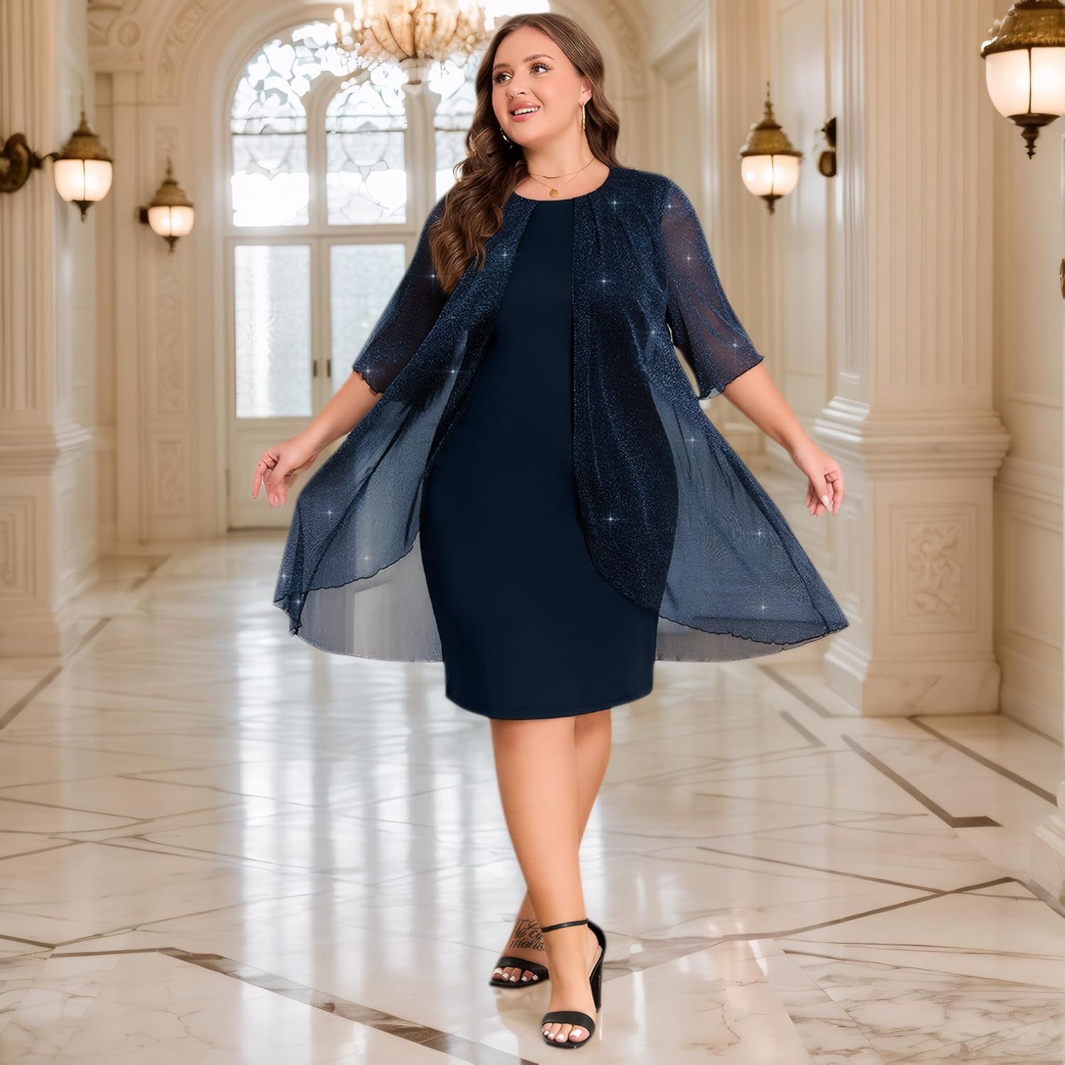 ZNU Plus Size Women Elegant Wedding Guest Mesh Dress Formal Gowns - 2025 Cocktail Party Midi Dress Half Sleeve - Image 3