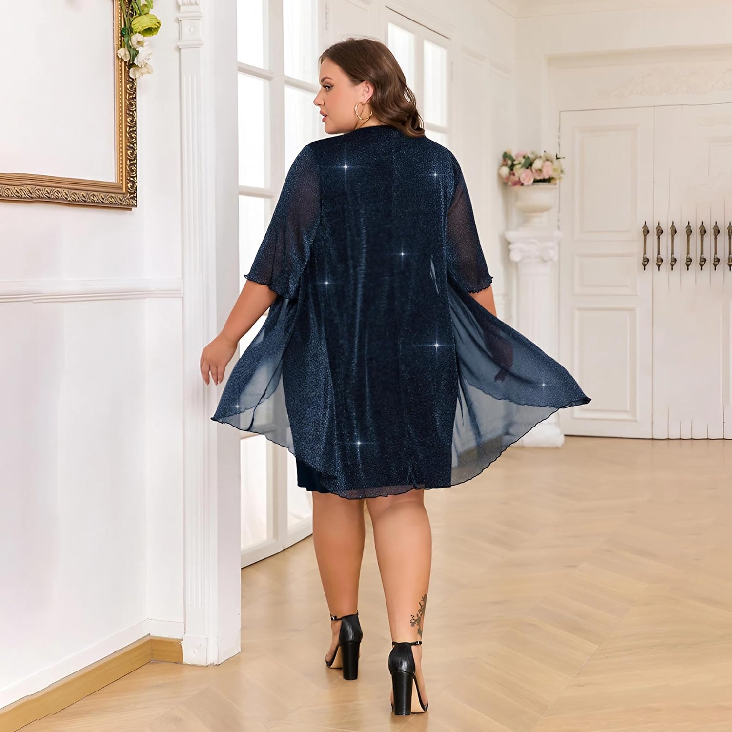 ZNU Plus Size Women Elegant Wedding Guest Mesh Dress Formal Gowns - 2025 Cocktail Party Midi Dress Half Sleeve - Image 5