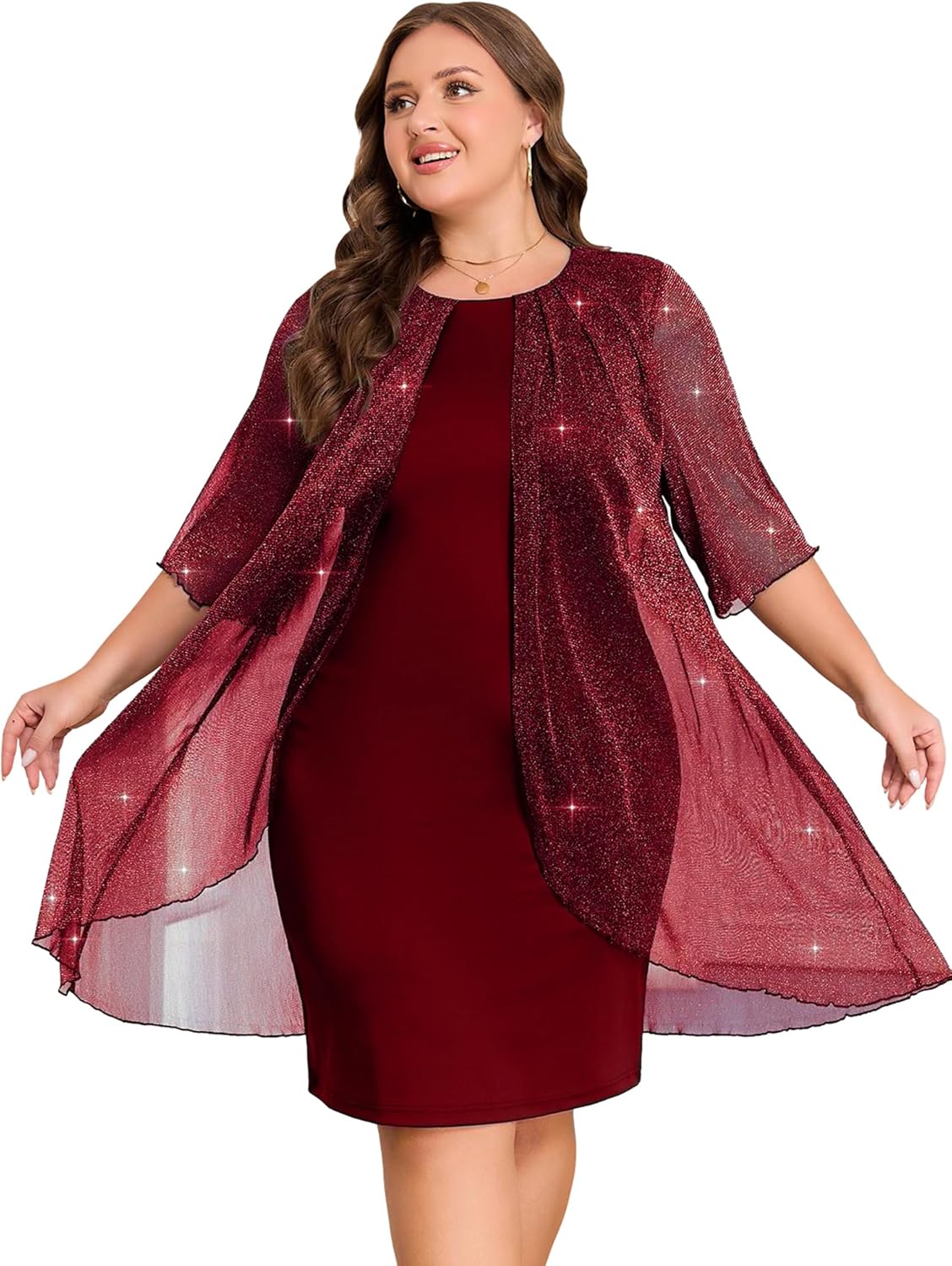 ZNU Plus Size Women Elegant Wedding Guest Mesh Dress Formal Gowns - 2025 Cocktail Party Midi Dress Half Sleeve - Image 11