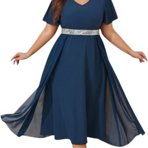 ZNU Women Plus Size Chiffon Evening Gown Sequins Dress, Elegant Formal Party Cocktail Dresses for Weddings Guest