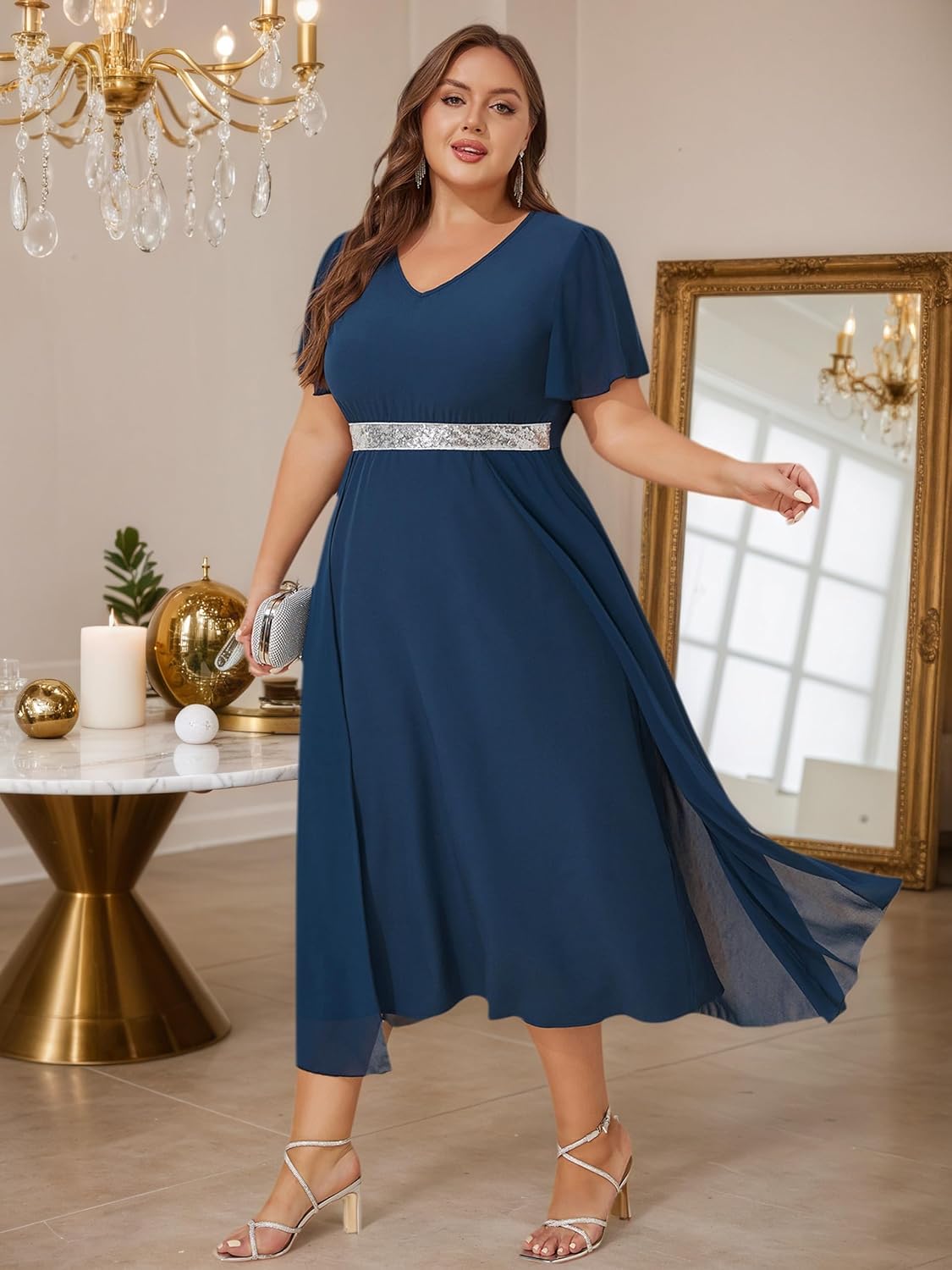 ZNU Women Plus Size Chiffon Evening Gown Sequins Dress, Elegant Formal Party Cocktail Dresses for Weddings Guest - Image 3